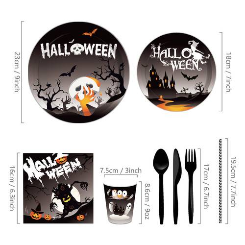 Halloween Black Paper Plates Party Supplies Disposable Tableware 68PCS Set US Local Shipping