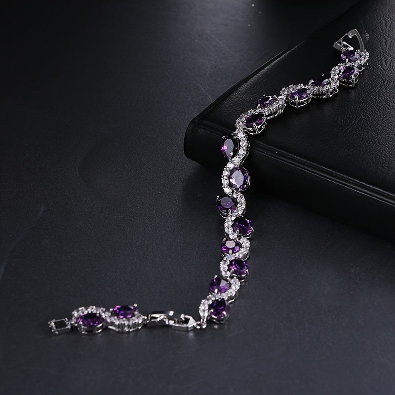 Elegant Luxury Purple Oval Link Copper Zircon Silver Plated Bracelet Hand Accessories Birthday Anniversary Gift