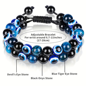 Triple Protection Bracelet 8MM Blue Tiger Eye Evil Eye Black Onyx Stone Bracelet Healing Crystal Natural Stone Beads Bracelet For Men Bring