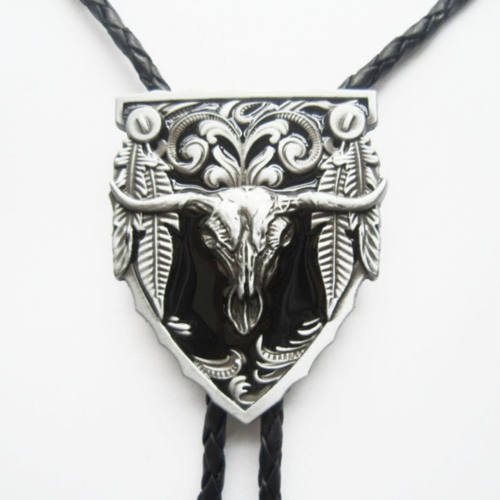 Metal Western Indian Spearhead Bull Head Black Leather Rope Necklace Polo Tie US Local Shipping