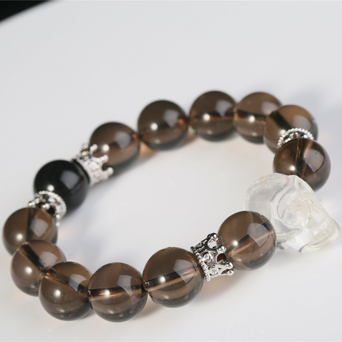 Clear Smoky Quartz Bracelet White Skull Gothic Men Fashion Healing Crystal Beads