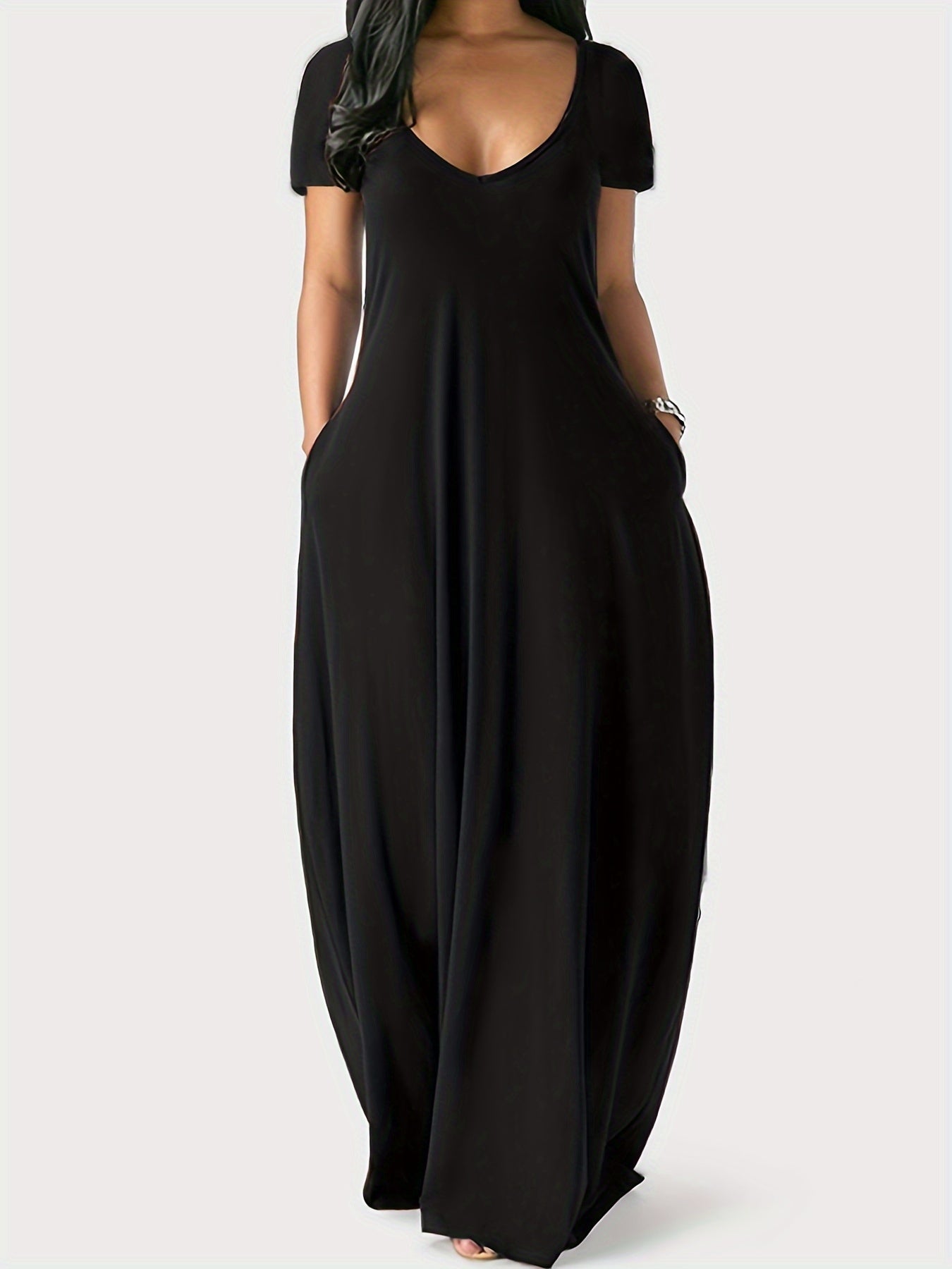 Elegant & Versatile Maxi Dress - Short Sleeve, Pockets, Mid-Elasticity for Women, Ideal for Spring to Fall