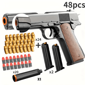 (Upgraded Won't Be A Card Shell) 48pcs M1911 Toy Gun Set (1 Toy Gun + 24 Egg Shell + 20 Bullets + 1 Silencer + 2 Bullet Clips) Halloween Tha