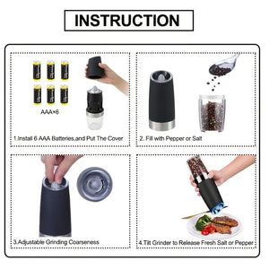 2pcs, Pepper Grinder, Household Sea Salt Ginder, Gravity Electric Adjustable Spice Grinder, Automatic Pepper Mill, Battery Powered With LED