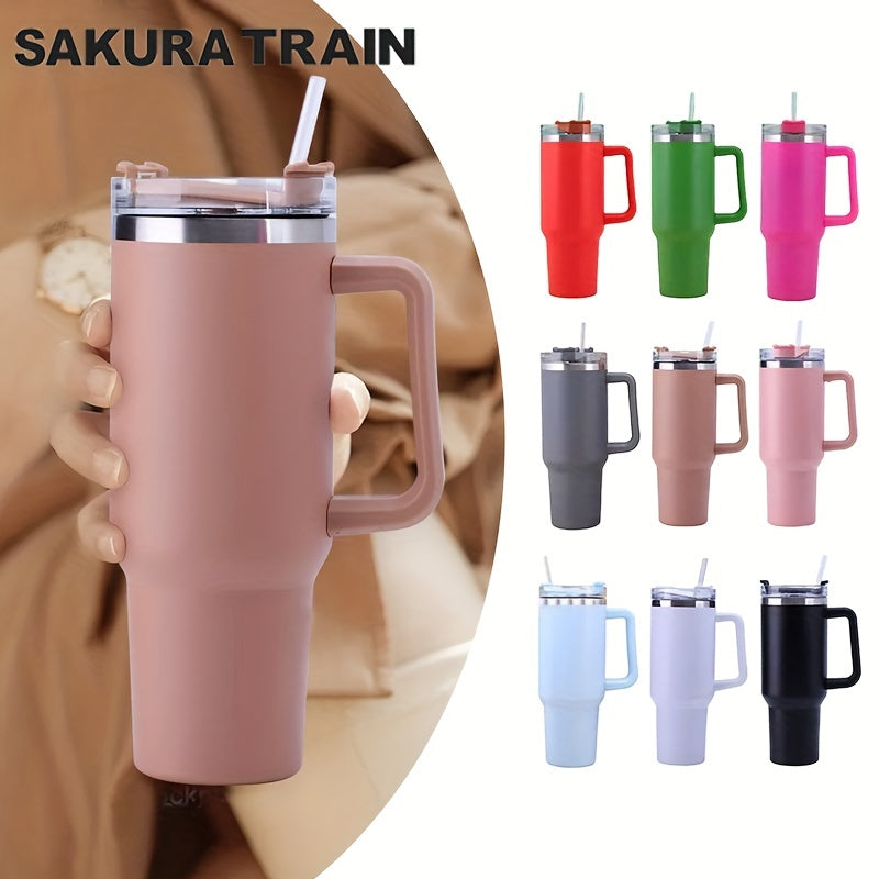 Elegant 40oz Sakura Train Insulated Tumbler - Reusable Stainless Steel Travel Mug with Handle & Straw Lid, Shatterproof and BPA-Free