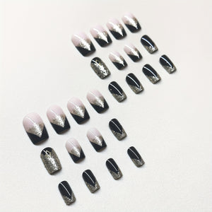 24pcs Short Square Shape Press On Nails, Fake Nail With Golden Glitter Powder Decor,  Golden Black Fake Nails,  Glossy  Acrylic Full Cover N