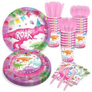 Pink Dinosaur Girl Paper Plates Party Supplie Plates Napkins Tableware 68PCS Set US Local Shipping