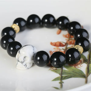 Black Obsidian Quartz Bracelet Howlite Skull Men Fashion Healing Crystal Beads