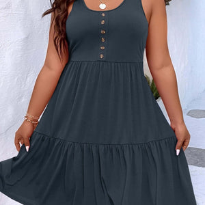 Plus Size Casual Loungewear, Women's Plus Ruffled Hem Button Detail Medium Stretch Comfort Tank Dress