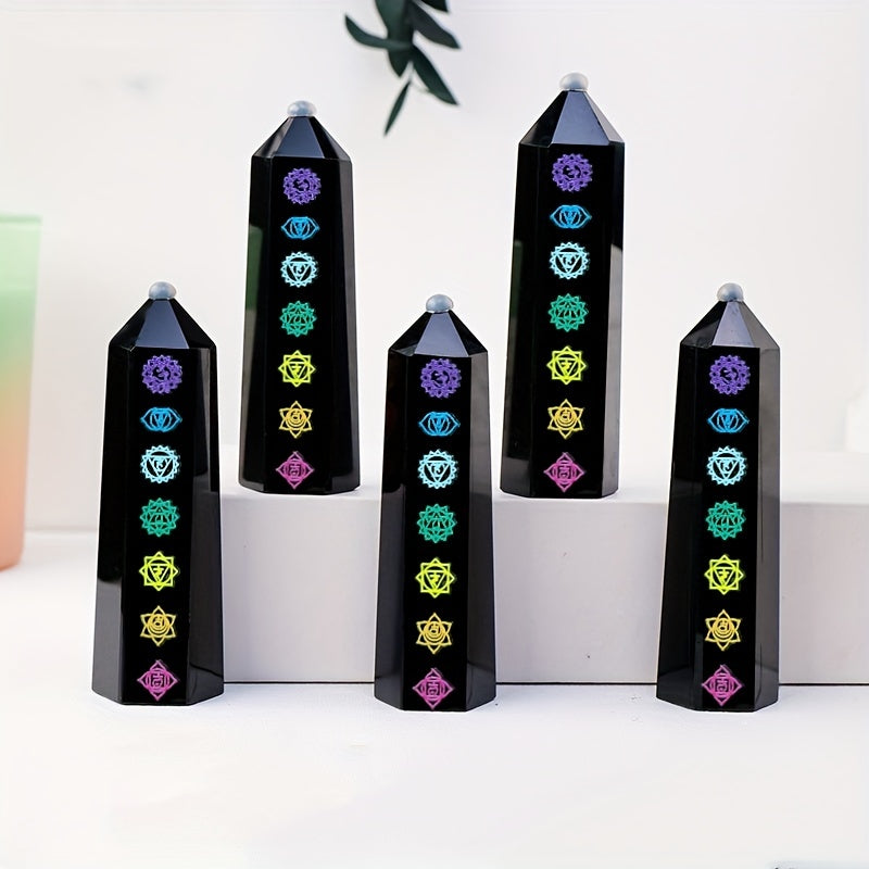 Black Obsidian Seven Main Chakras Symbolic Crystal Tower Healing Crystal The Seven Chakras Wand For Spiritual Use Hexagonal Point Reiki Chakra Gemsone Home Office Decoration