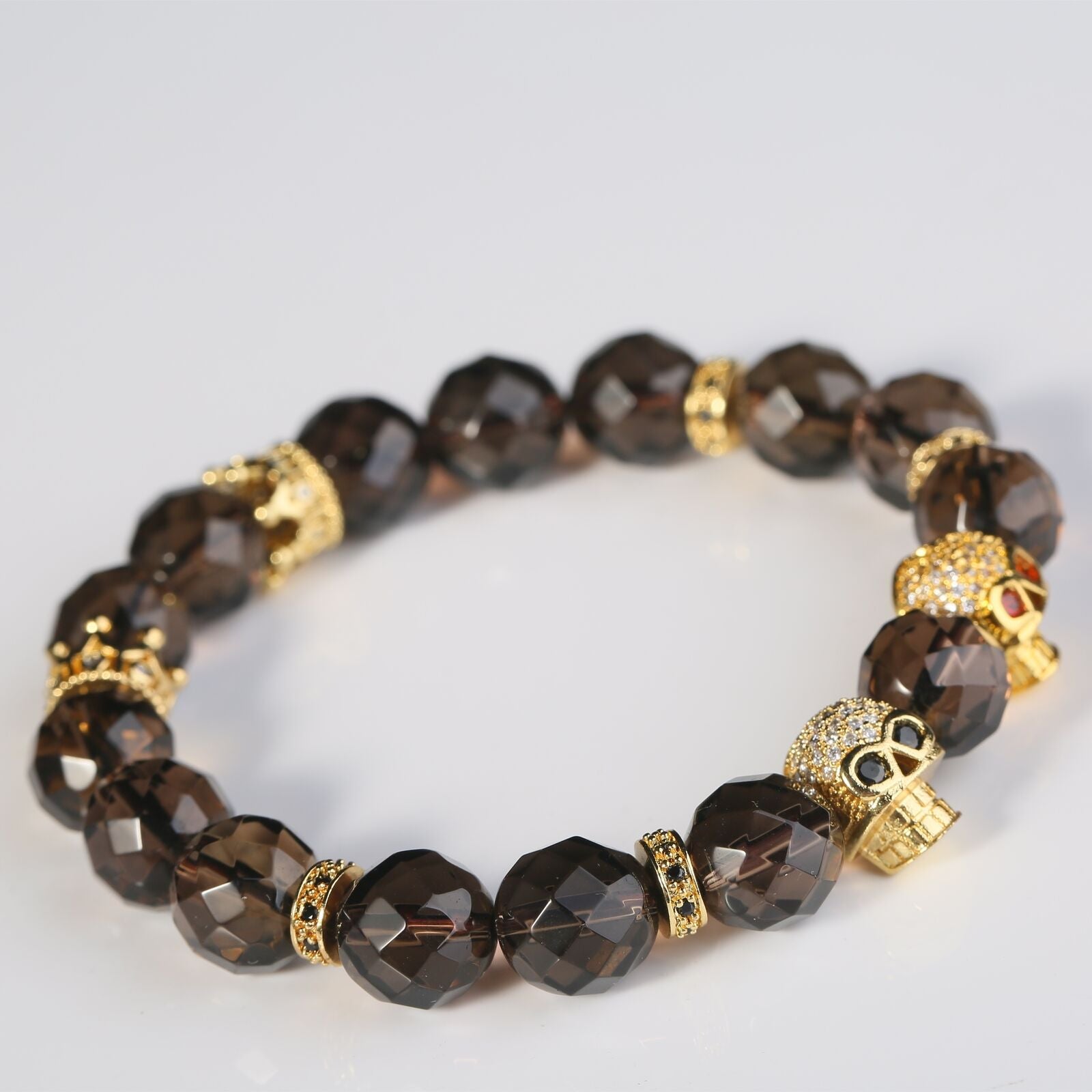 Bracelets Men Fashion Jewelry Twin Skulls Smoky Quartz Citrine Healing Gothic