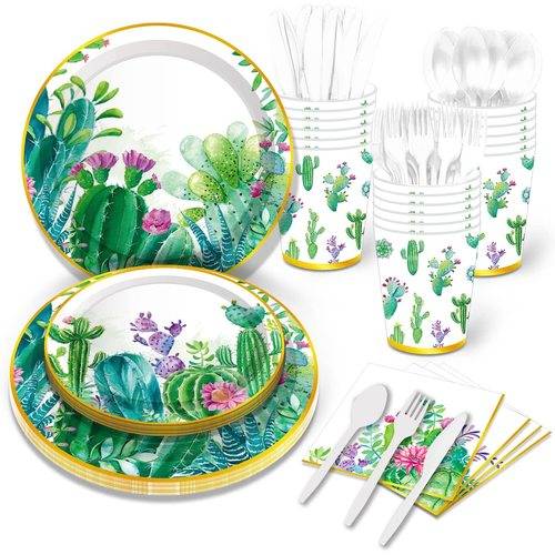 Cactus Succulent Paper Plates Floral Cactus Greenery Plants Cutlery 68PCS Set US Local Shipping