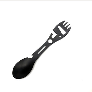 10-in-1 Multi-Functional Spork: Stainless Steel Portable Utensil Spoon, Can Opener, Serrated Knife, Wrench, Direction Indicator, Harpoon - P