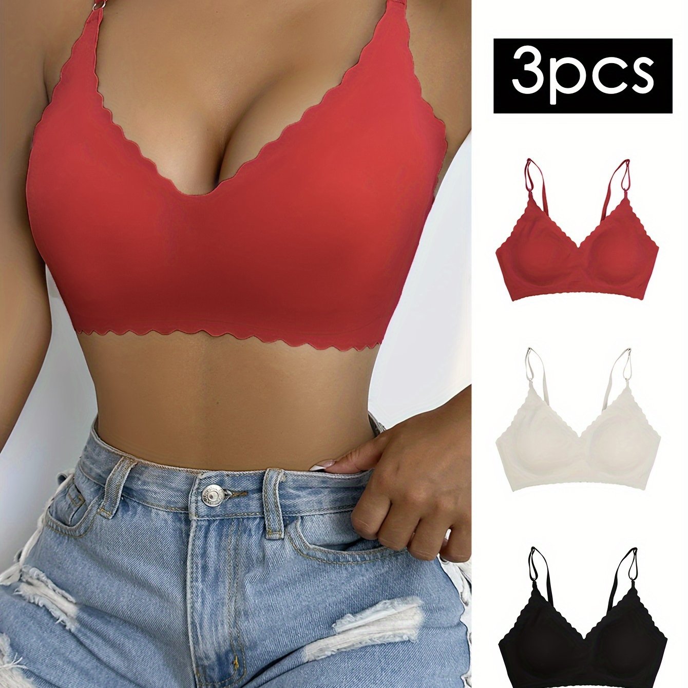 3-Piece Chic Wavy Trim Bralettes - Seamless & Breathable for Daily Comfort | Wireless Intimates Set - Everyday Elegance