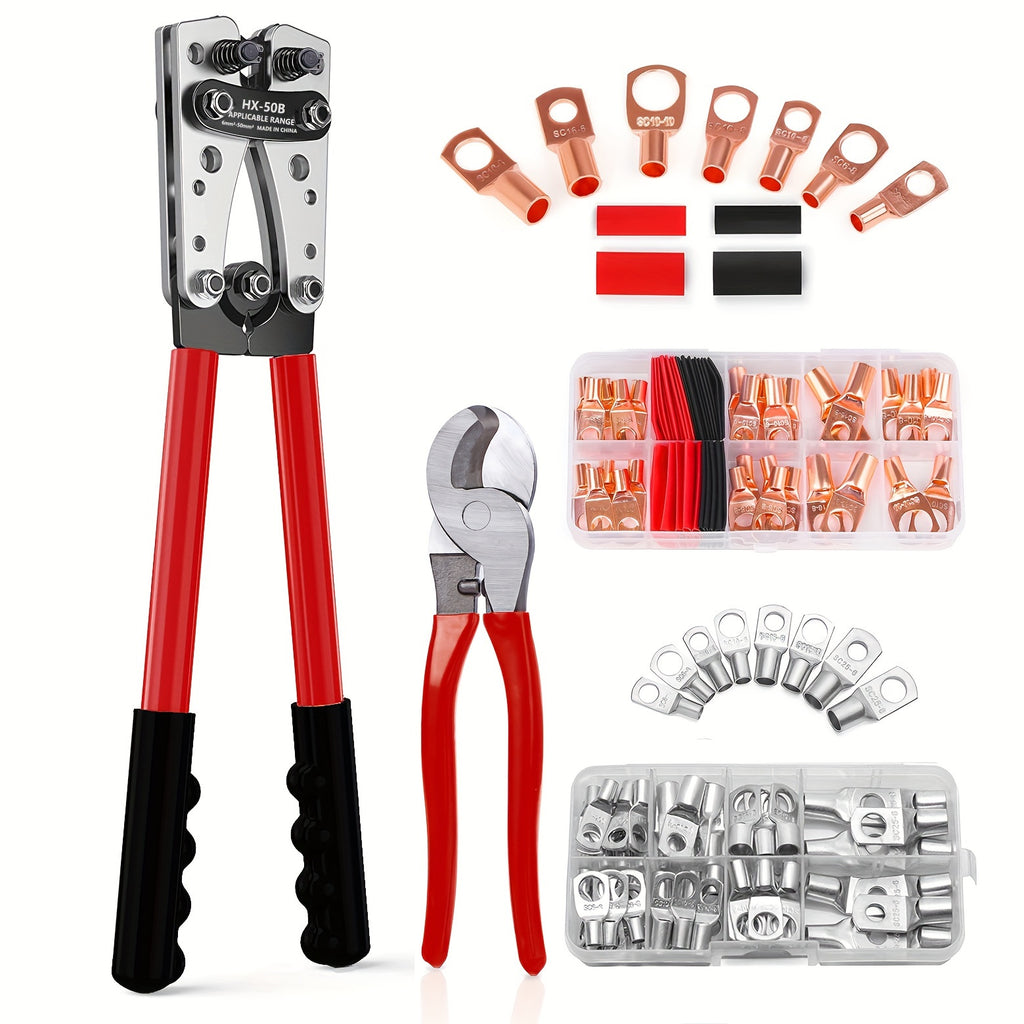 1pc/1set Battery Cable Lug Crimping Tool Kit With Cable Cutter And Copper Lugs Assortment Kit With Heat Shrink Tubing, Wire Crimper For 6-50