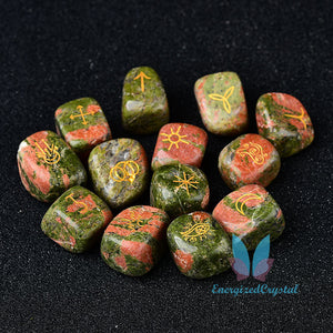 10 Pieces Witch Runes Carved Unakite Gravel Crytsal Reiki Healing Meditation