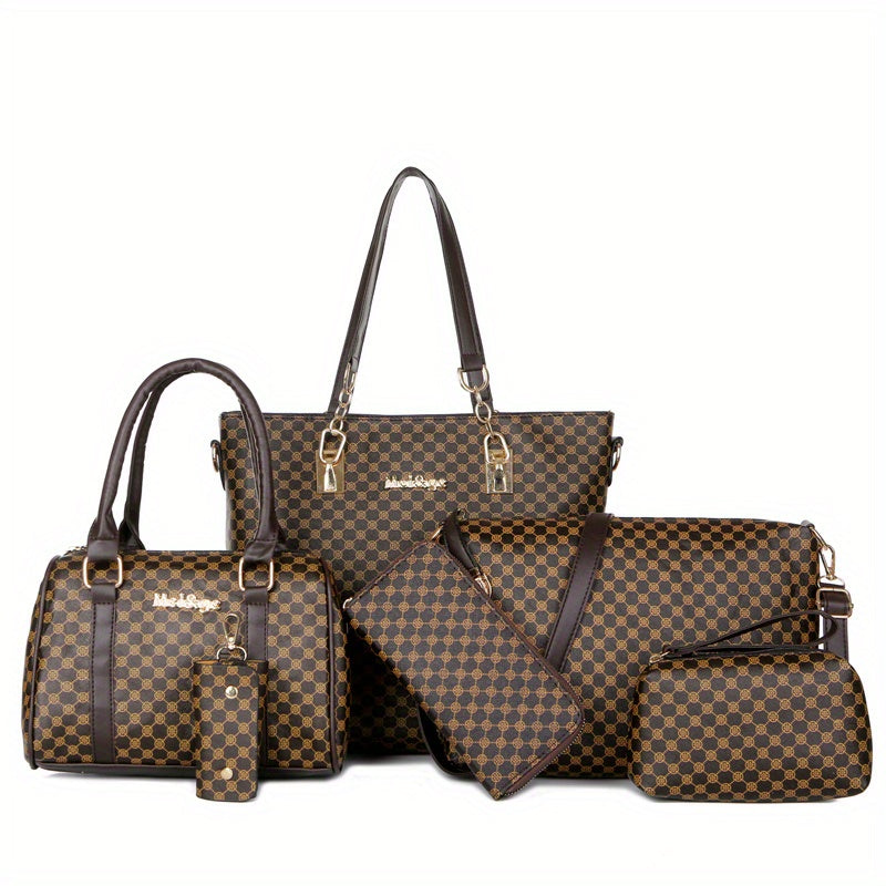 Elegant & Versatile 6-Piece PU Leather Bag Set: Tote, Boston, Clutch with Stylish Patterns, Secure Zip & Comfort Straps