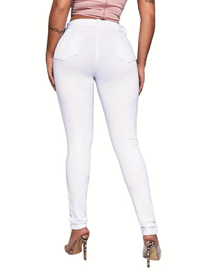 Elegant High-Stretch Skinny Jeans for All Seasons, Ripped with Chain Detail, Mid-Waist Comfort Fit Denim