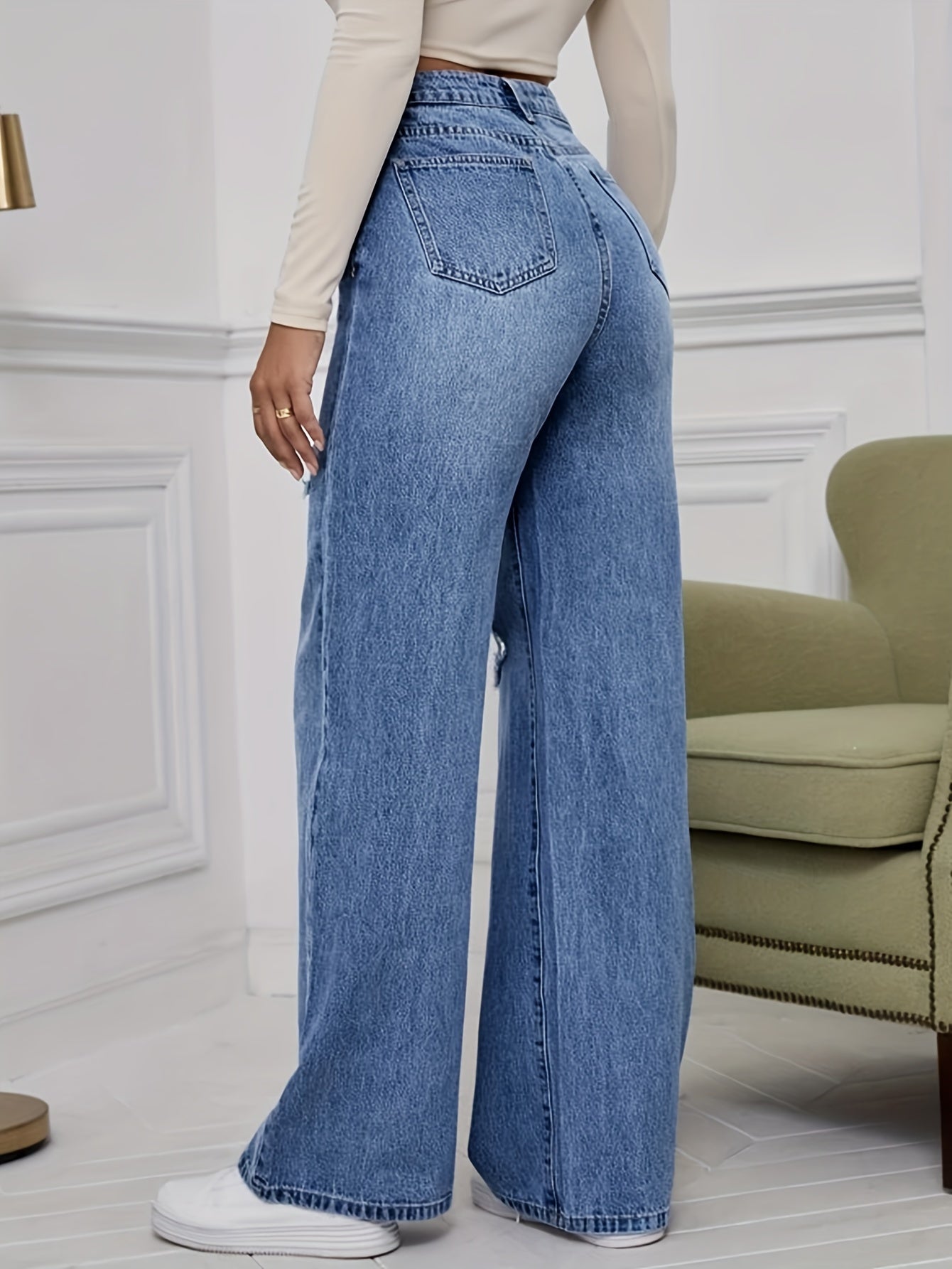 Women's High-Waist Ripped Bootcut Jeans - Wide-Leg Cotton Denim for All Seasons, Casual Everyday Wear