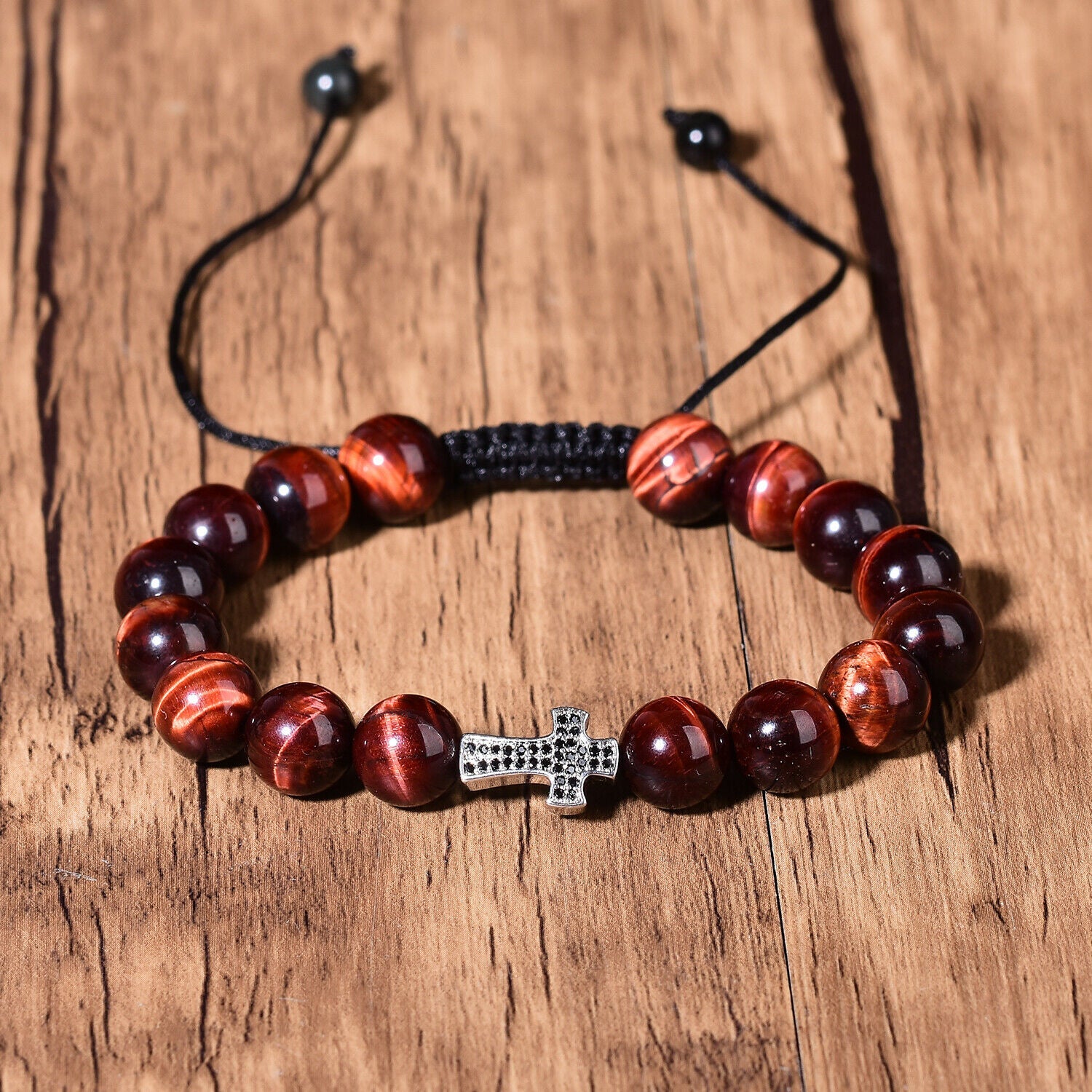 Natural Red Tigers Eye Quartz Healing Crystal Cross Fashion Bracelet Adjustable