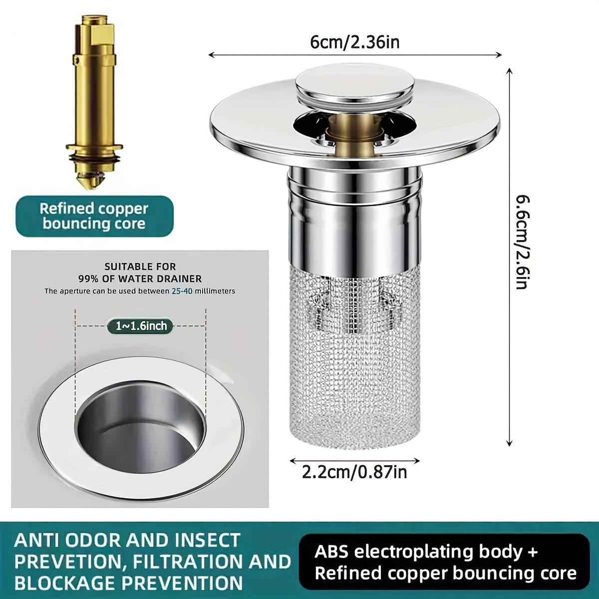 "Easy-to-Install Stainless Steel Sink Strainer & Stopper | Anti-Odor, Pop-Up Design for 1.3-1.6"" Drains | Sleek Bathroom Accessory"