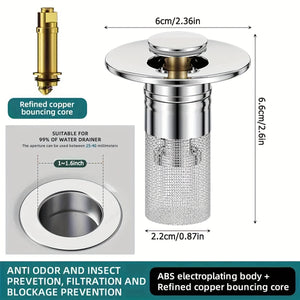 "Easy-to-Install Stainless Steel Sink Strainer & Stopper | Anti-Odor, Pop-Up Design for 1.3-1.6"" Drains | Sleek Bathroom Accessory"