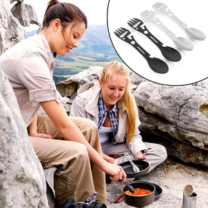 10-in-1 Multi-Functional Spork: Stainless Steel Portable Utensil Spoon, Can Opener, Serrated Knife, Wrench, Direction Indicator, Harpoon - P