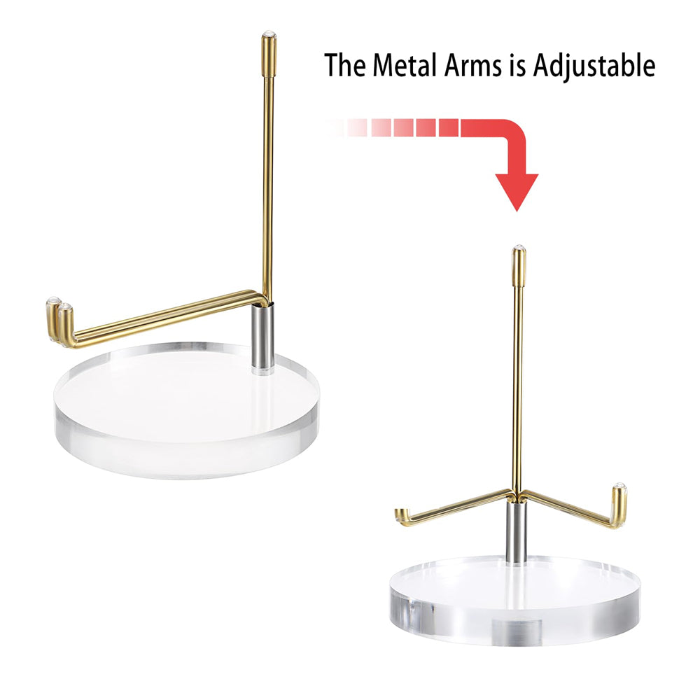 Clear Acrylic Display Stand Holder with Adjustable Metal Arms, Gold Plates Display Stand Easel for Plate Geodes Fossils Minerals Crystals