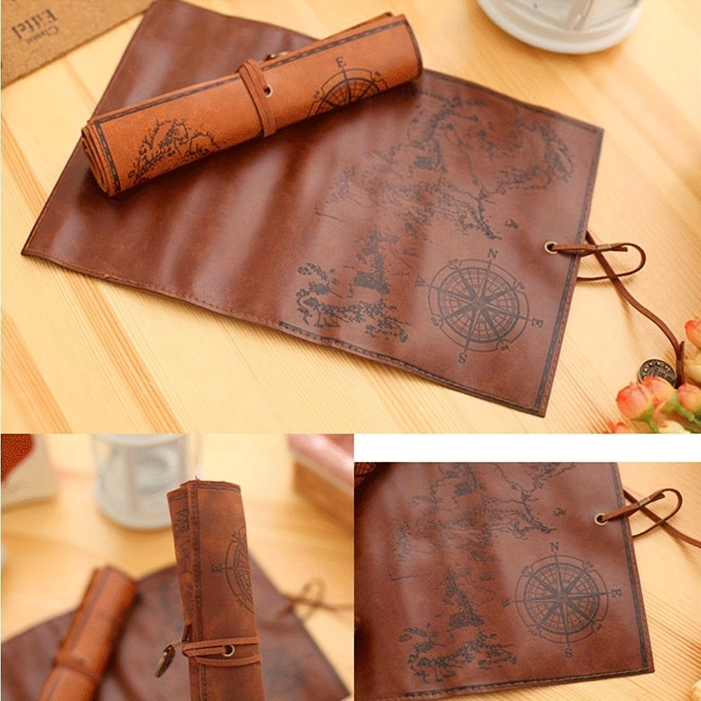 Vintage Retro Treasure Map Luxury Roll Leather Make Up PU Cosmetic Pen Pencil Case Pouch Purse Bag For School HOT