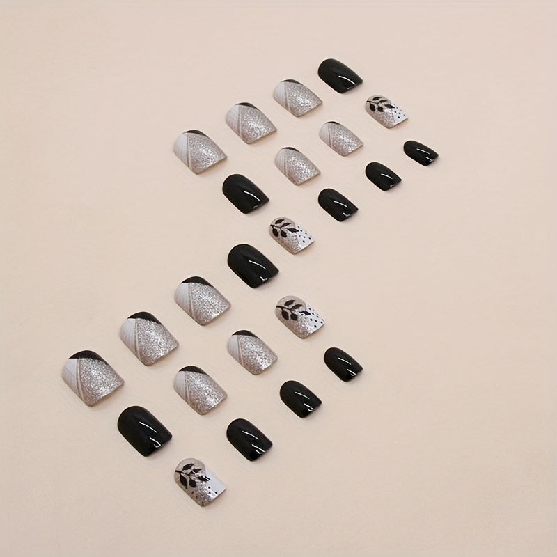 24pcs Glossy Short Square  Fake Nails, Black White Press On Nails With Butterfly Leaves Design, Sweet Cool Full Cover False Nails For Women