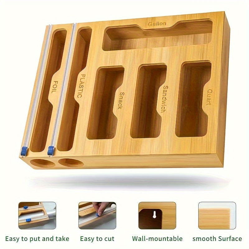 Bamboo Ziplock Bag Organizer And Foil And Plastic Wrap Organizer, Aluminum Foil Organization And Storage, Plastic Wrap Dispenser With Cutter