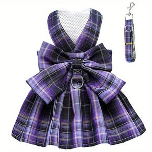 Plaid Dog Dress Bow Tie Harness Leash Set For Small Dogs Cats Cute Princess Dog Dresses Spring Summer Puppy Bunny Rabbit Clothes Bowknot Tut