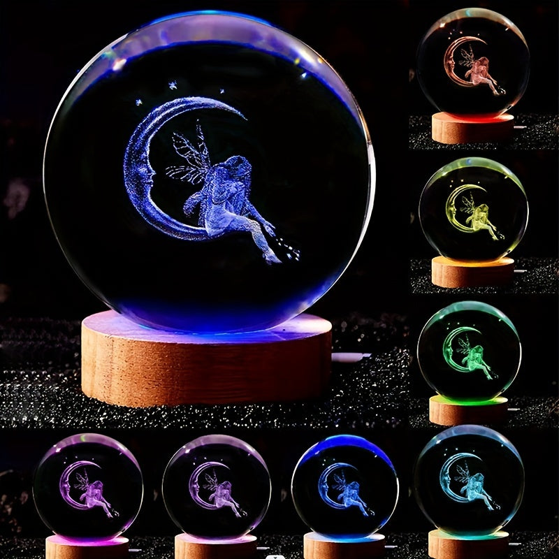 1pc Crystal Ball Multi-coloured Night Light, 3D Moon & Fairy Laser Engraved Night Light, For Girlfriend Classmate Wife Creative Birthday Gif