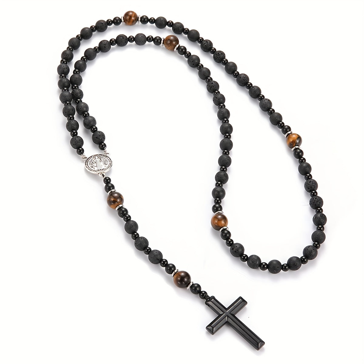 1pc Natural Volcanic Rock Black Agate Yellow Tiger Eye Tag Cross Pendant Rosary Necklace Jewelry For Men And Women