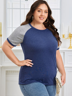 Plus Size Casual T-shirt, Women's Plus Colorblock Short Sleeve Round Neck Slight Stretch T-shirt