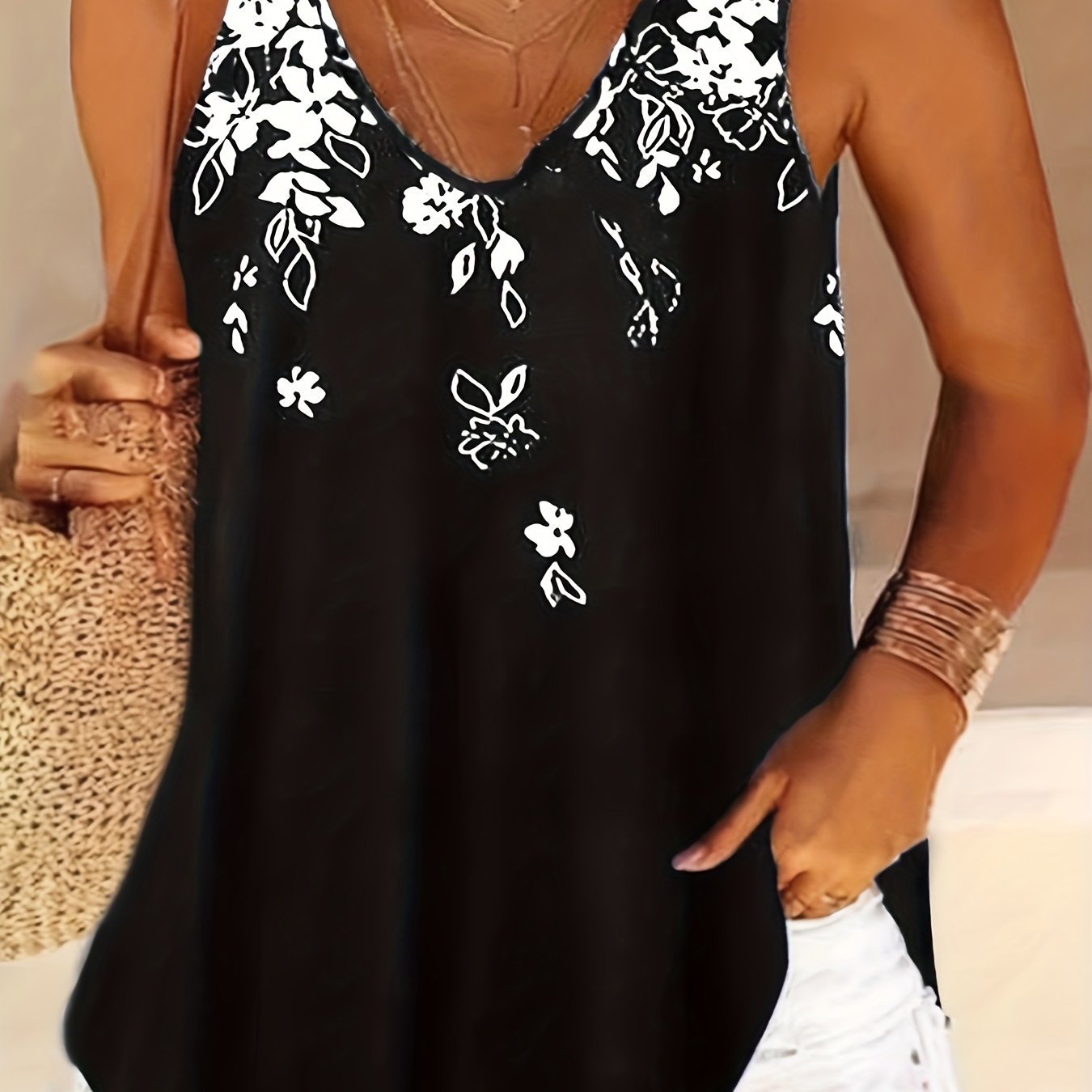 Versatile Plus Size Floral V-Neck Tank Top - Comfortable Stretch Knit, Perfect for All Seasons