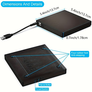 Portable USB 2.0 External CD/DVD Drive - High-Speed Burner & Player for PC/Laptop - Plug & Play, Travel-Friendly