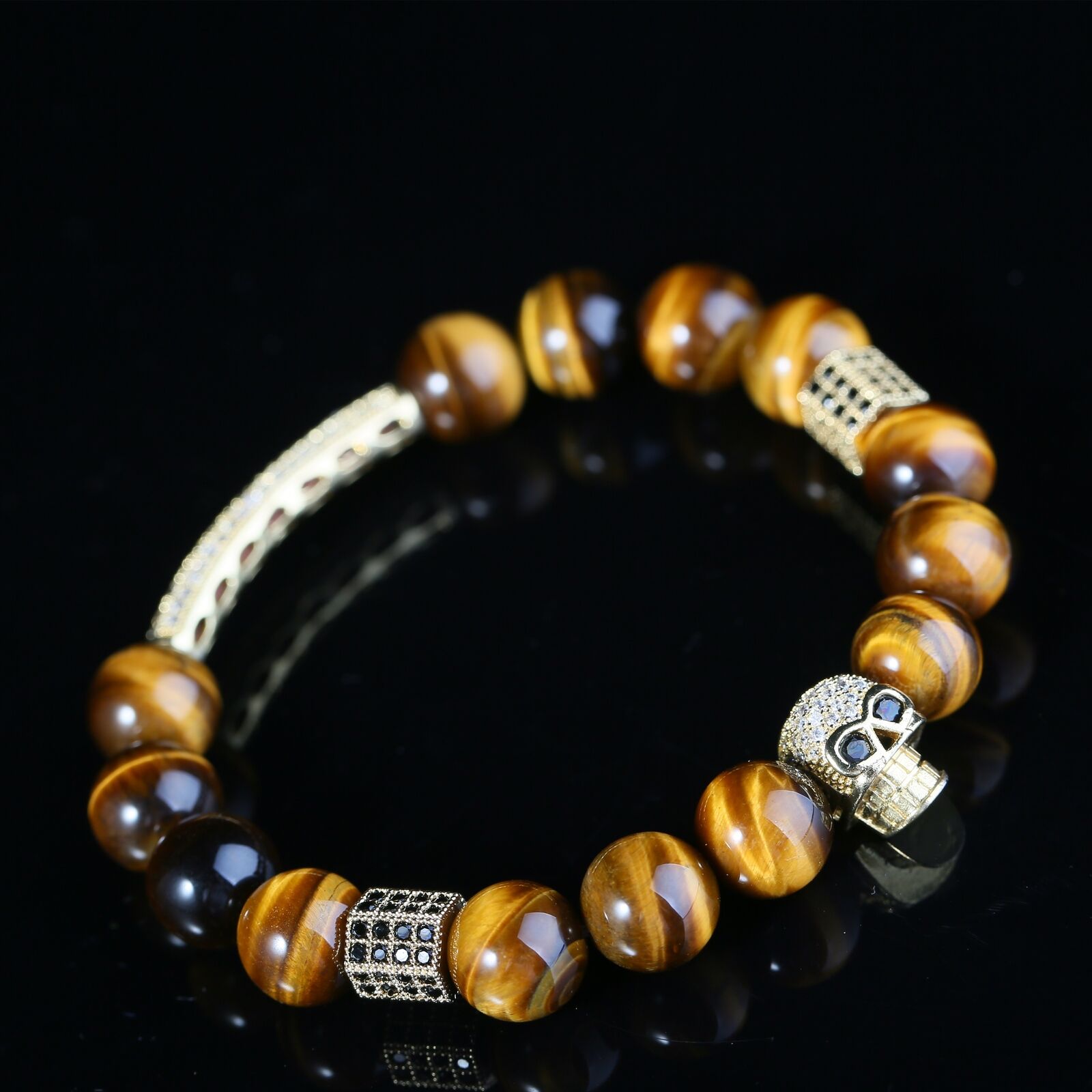 Men's Skull Fashion Bracelets Tigerite Crystal Skull Healing String Beads Punk