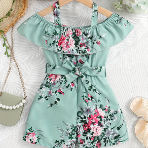 Girls Casual Ruffled Off-Shoulder Dress Flower Graphic Jumpsuit For Summer Girls Clothes