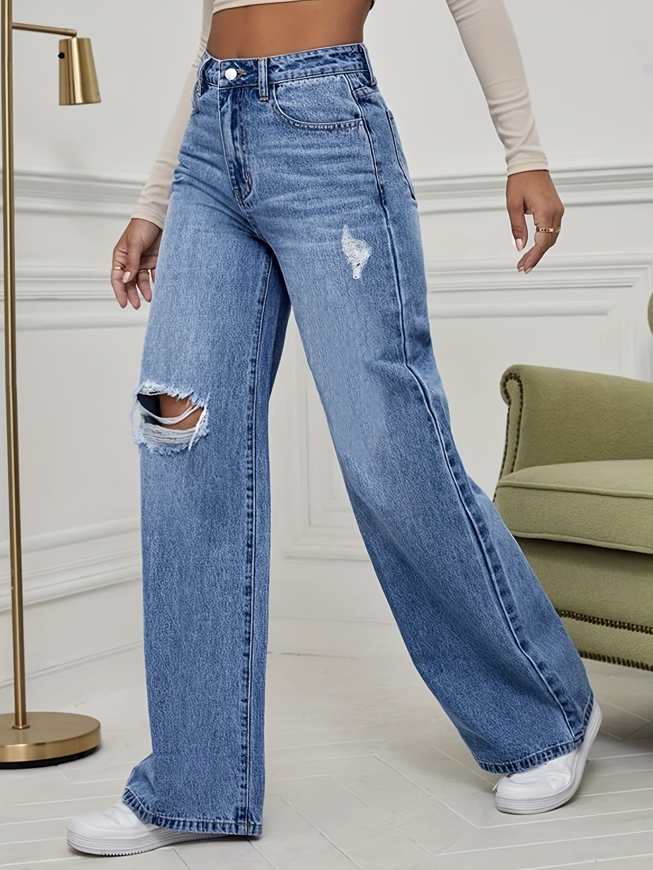 Women's High-Waist Ripped Bootcut Jeans - Wide-Leg Cotton Denim for All Seasons, Casual Everyday Wear