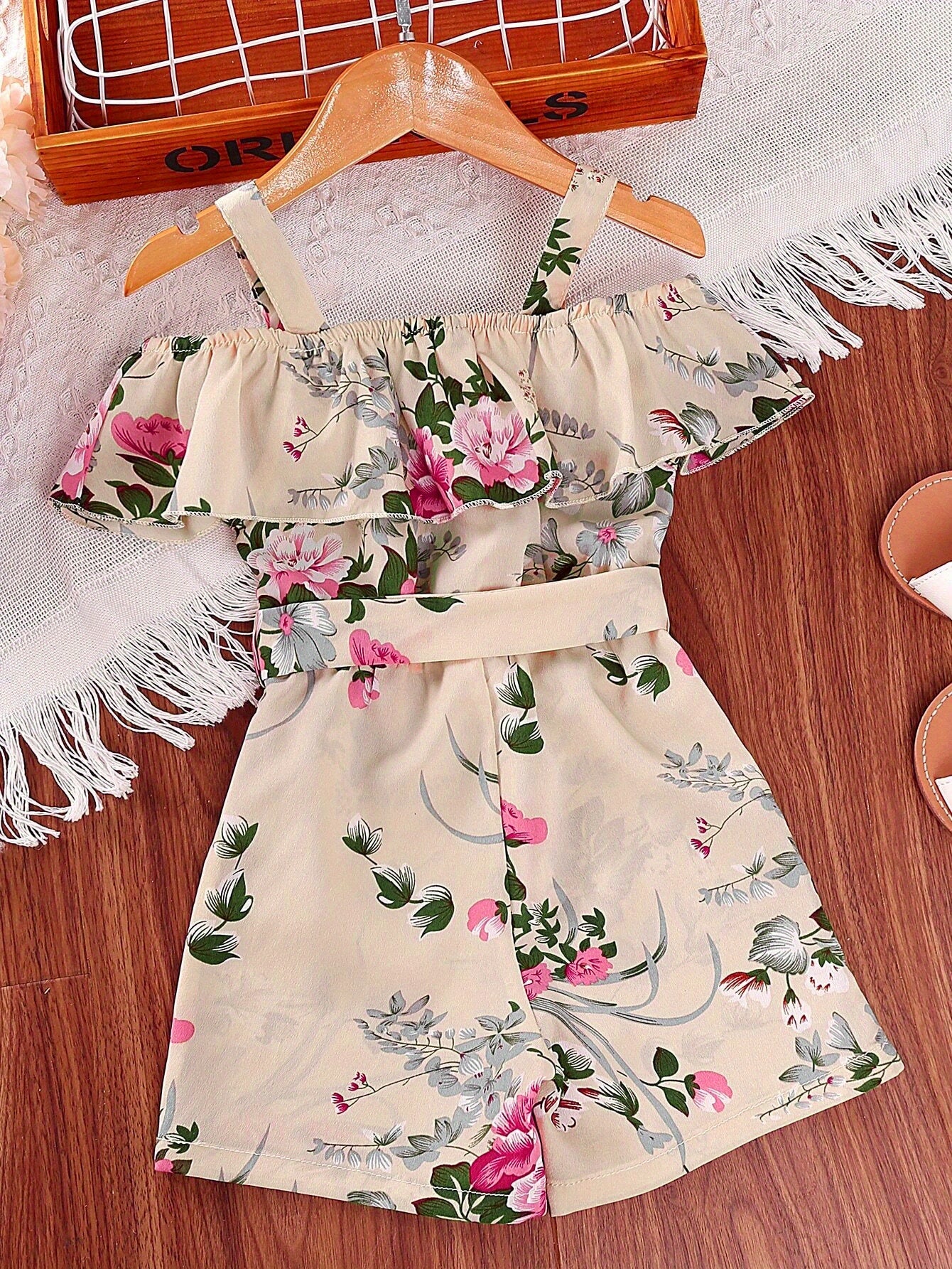 Girls Casual Ruffled Off-Shoulder Dress Flower Graphic Jumpsuit For Summer Girls Clothes