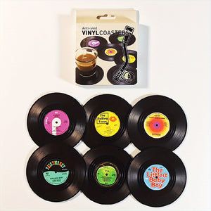 6pcs, Non-Slip Vinyl Record Coasters with Holder - Heat Insulated Cup Mat for Home and Room Decor - Drinkware Accessories