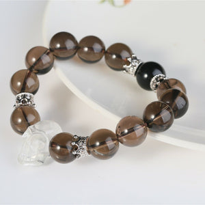 Clear Smoky Quartz Bracelet White Skull Gothic Men Fashion Healing Crystal Beads