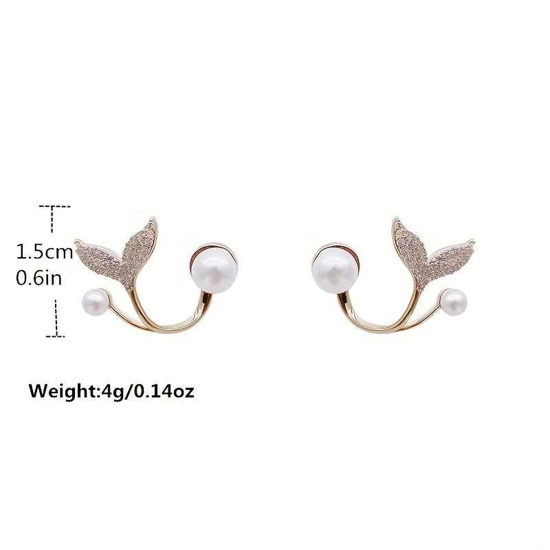 Pearl Mermaid Tail Stud Earrings, Alloy Rhinestone Decor Minimal Japanese And Korean Elegant Style Women's Earrings Jewelry