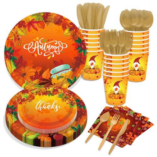 Autumn Thanksgiving Maple Leaf Paper Plates Party Supplie Napkins 68PCS Set US Local Shipping