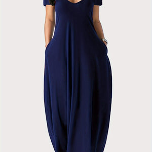 Elegant & Versatile Maxi Dress - Short Sleeve, Pockets, Mid-Elasticity for Women, Ideal for Spring to Fall