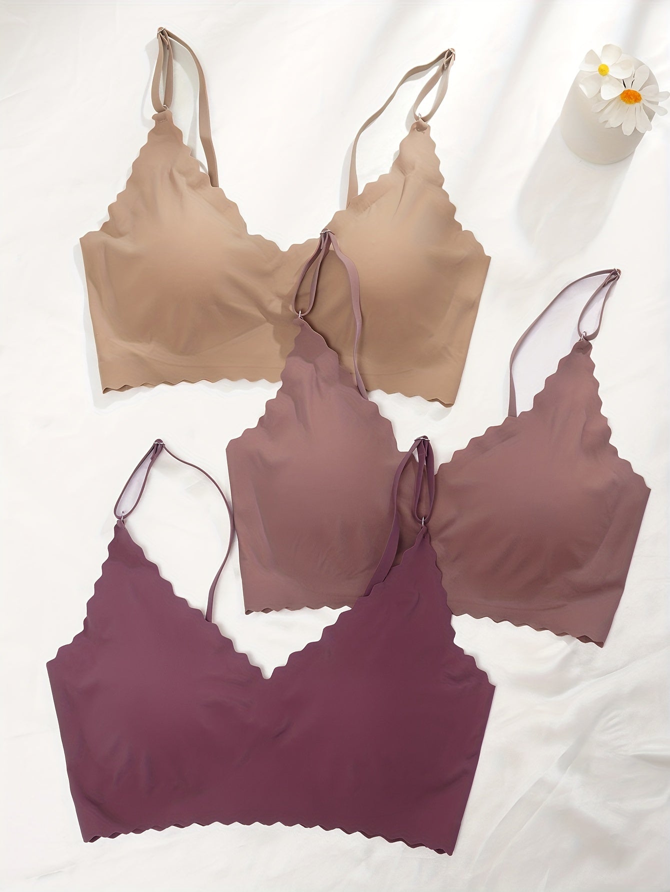 3-Piece Chic Wavy Trim Bralettes - Seamless & Breathable for Daily Comfort | Wireless Intimates Set - Everyday Elegance