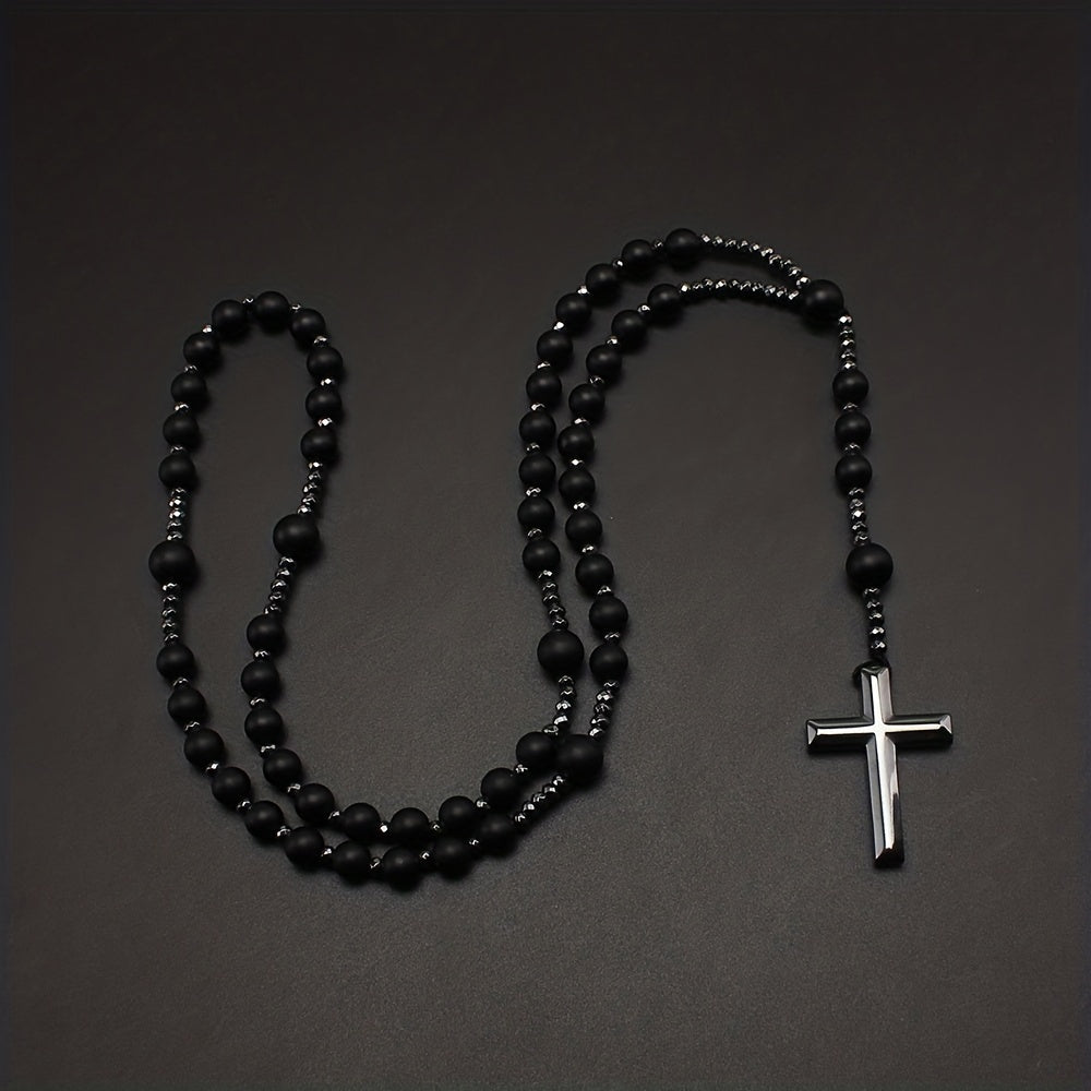 1pc Natural Stone 8mm Tiger Eye Stone Rosary Black Gallstone Cross Men's Raw Stone Necklace