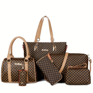 Elegant & Versatile 6-Piece PU Leather Bag Set: Tote, Boston, Clutch with Stylish Patterns, Secure Zip & Comfort Straps