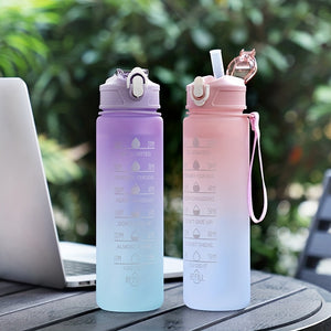 Stay Hydrated & Motivated With This Gradient Color Motivational Water Bottle - Time Marker, Leakproof, BPA-Free & Cute Stickers Included !